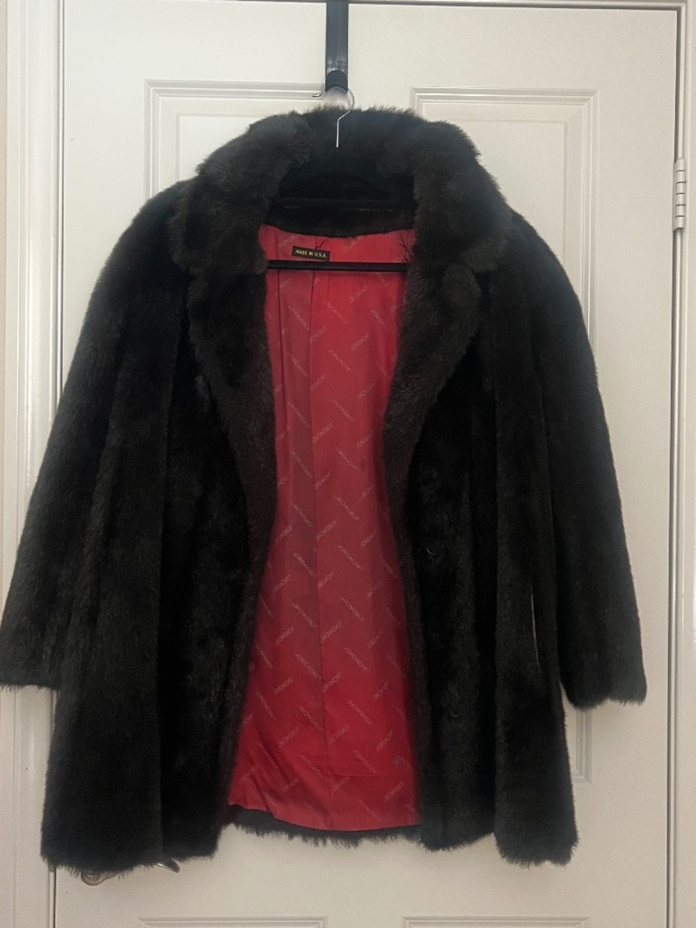 Vintage 80s Jordache Faux Fur Coat Made in USA Red Lining Mob Wife Retro Glam